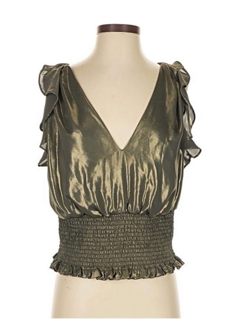 Anthropologie Metallic Olive Green V-Neck Ruffle Smocked Waist Top